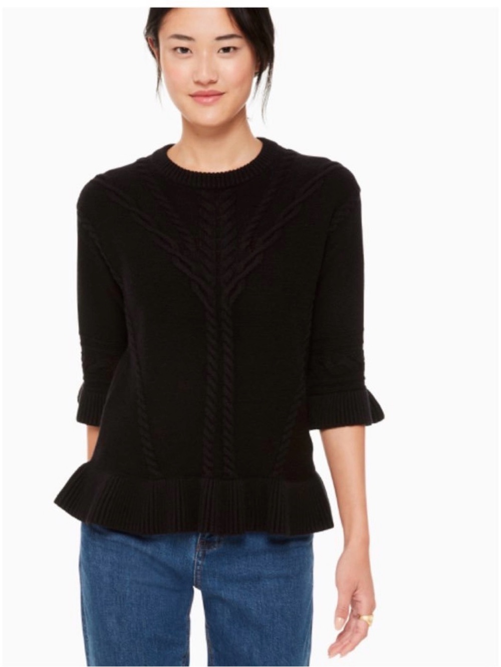 kate spade Black Cable-Knit Peplum Crew Sweater